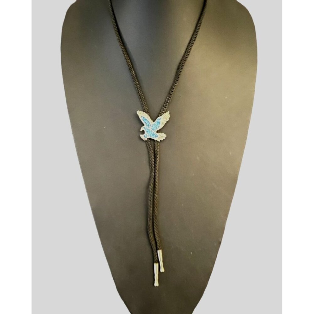 Black Cord Inlaid Turquoise? Eagle Bolo Neck Tie Necklace Bohemian Hippie Boho